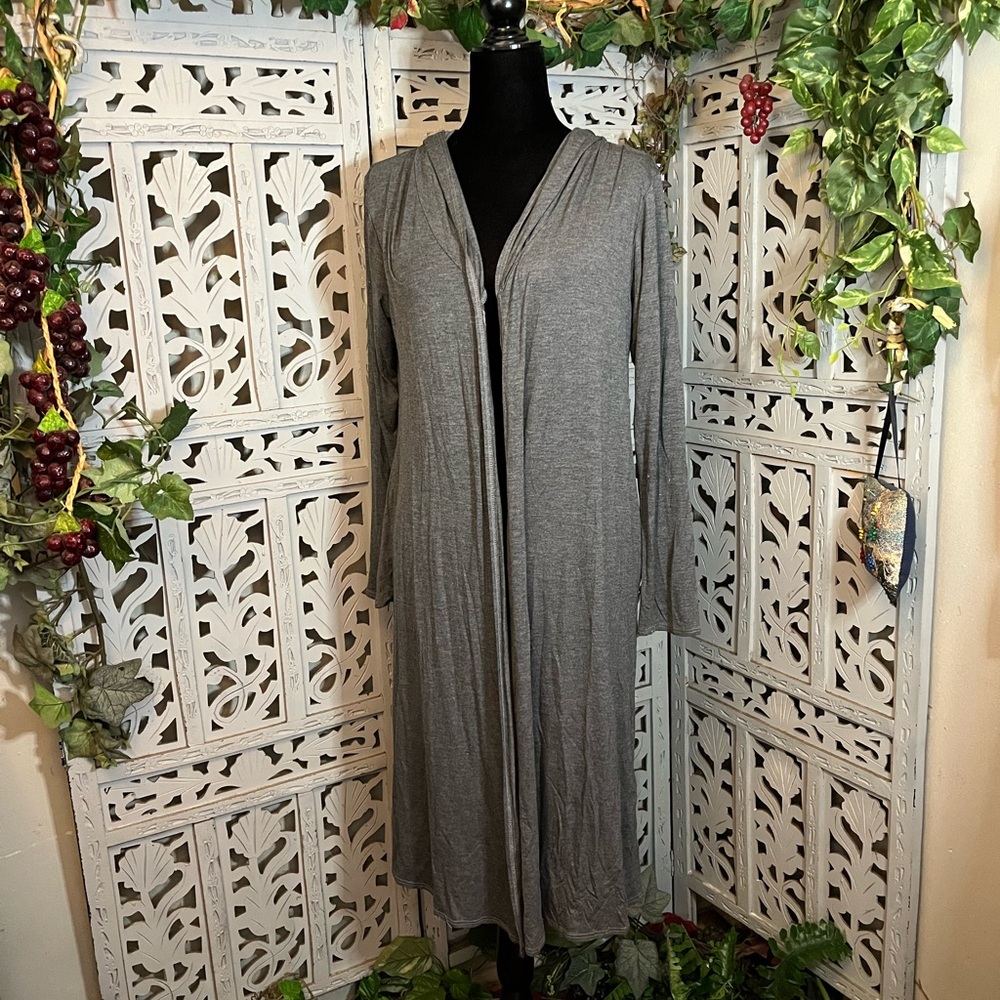 ISAAC LIEV SO CUTE & COZY GRAY LONG SLEEVE WITH HOOD THIN DUSTER CARDIGAN